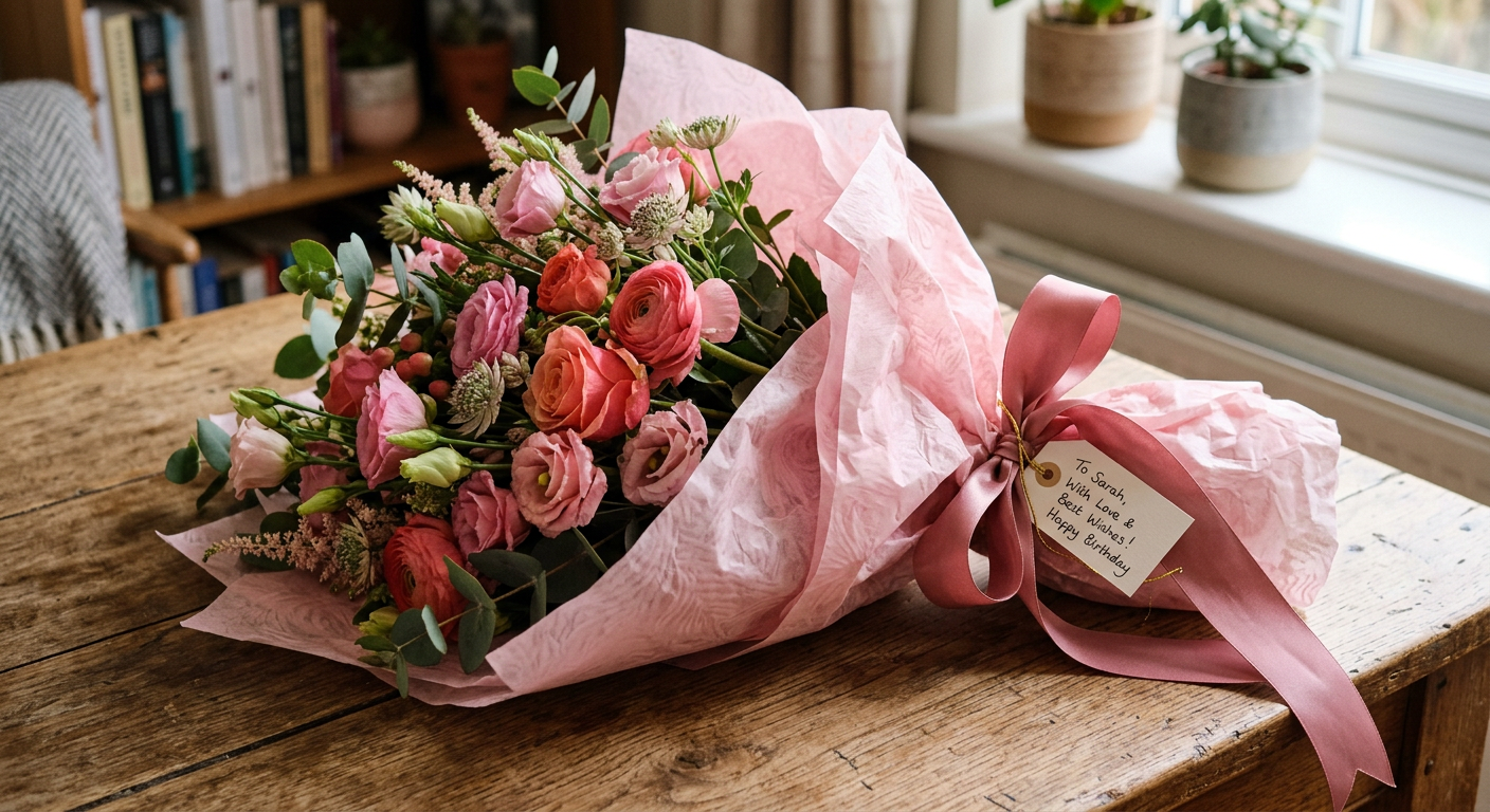 Pink wrapped bouquet with ribbon and gift tag